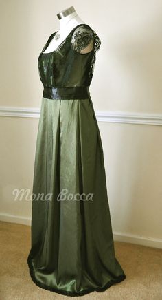 Edwardian Dress olive sage green HANDMADE to ORDER in by MonaBocca Green Lace Evening Dress For Wedding, Green Lace Bodice Evening Dress, Green Empire Waist Wedding Dress, Green Bridesmaid Dress With Lace Bodice, Green Bridesmaid Dress With Lace Trim, Green Dress With Lace Bodice And Fitted Bodice, Green Lace Dress With Fitted Bodice, Green Dress With Lace Fitted Bodice, Green Dress With Fitted Lace Bodice