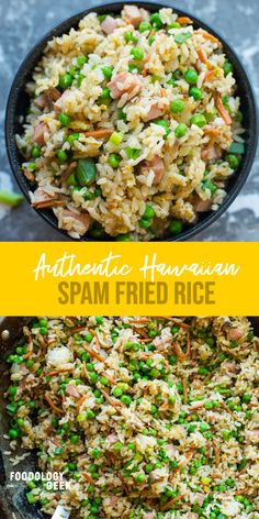 two pictures showing different types of rice and peas in a skillet with the words hawaiian spam fried rice