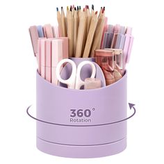 a purple container filled with lots of different colored pencils