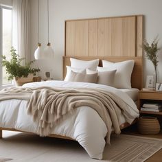 a large bed with white sheets and pillows in a bedroom next to a wooden headboard