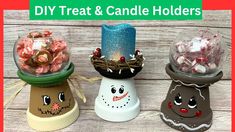 three christmas candy holders with candles and candies in them on a wooden background text reads diy treat & candle holders