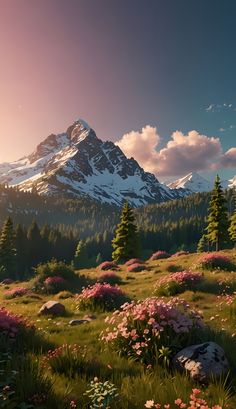 the sun shines brightly over a mountain range with flowers and trees in front of it