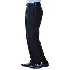 Featuring a maximum comfort waistband and stylish double pleats, these classic-fit ECLO Stria dress pants from Haggar are the perfect blend of fashion and function..A classic fit has a fuller trouser leg.Double pleated.Zip fly with button closure; belt loops.Two side slant pockets; two back button-through welt pockets.Permanent crease.Maximum comfort waistband.Fuller trouser leg.Haggar eclo™ products made with REPREVE® recycled fiber by UNIFI.Get tips on how to buy a suit. Click & play our video Tailored Pants, Wrinkle Free, Personal Shopping, Dress Pants, Favorite Jeans, Trousers, Mens Outfits, Pants, How To Wear