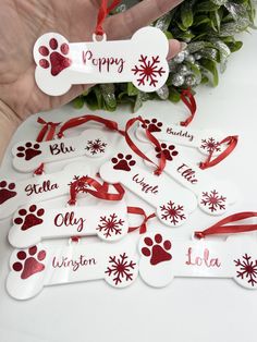 a hand holding a christmas ornament with paw prints and snowflakes