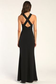 Any special occasion will be that much more memorable when you are wearing the Lulus Keep You Enchanted Black Cutout Halter Mermaid Maxi Dress! Stretchy techno crepe knit shapes this elegant-yet-sexy dress that features wide straps that crisscross at the front and back, creating a halter-inspired neckline and a flirty keyhole cutout atop a princess-seamed bodice. The high-fitted waist tops a figure-flaunting skirt that boasts a mermaid silhouette before falling to a maxi hemline. Hidden back zip Wedding Guest Dress Black Tie, Black Tie Wedding Guest Dresses, Affordable Formal Dresses, Black Halter Maxi Dress, Black Tie Wedding Guest, Black Tie Wedding Guest Dress, Mermaid Maxi Dress, Black Tie Wedding Guests, Halter Gown