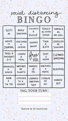 the social distancing bingo game is shown in black and white with stars around it