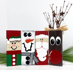 "These fun, cute Christmas characters, Santa, Elf, Reindeer and Snowman would make the perfect addition to your Christmas Decor!! You can purchase them individually or as the set of 4! These would look adorable on a decorative shelf, mantel, table or a bigger tiered tray. These are all hand painted to order so each one may vary slightly from the ones pictured! **REINDEER ANTLER COLOR WILL VARY** If you would like a specific color for the pip berries, please message me before placing your order a Painted Santa Faces On Wood, Outdoor Christmas Wood Signs, Christmas Crafts With 2x4 Wood, Wooden Christmas Characters, Santa Wooden Signs, Santa Wood Signs, Elf Wood Crafts, Painted Christmas Signs On Wood, Snowman Wooden Signs