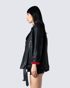 Nothing says "dominant, boss b*tch" more than a studded black vegan leather jacket, with a red inner lining 🔥 Show them who's boss, bby 😝 Punk Style Leather Jacket For Winter Nights, Punk Style Leather Jacket For Night Out In Winter, Punk Leather Outerwear For Night Out, Punk Leather Biker Jacket For Night Out, Edgy Red Leather Jacket For Streetwear, Edgy Red Leather Outerwear, Edgy Winter Biker Jacket For Night Out, Edgy Biker Jacket For Winter Nights, Edgy Biker Jacket For Night Out In Winter