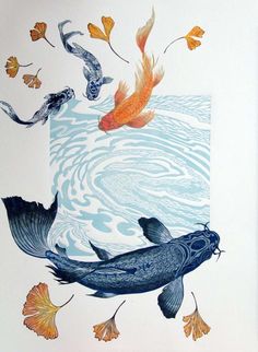 two fish are swimming in the water with orange and blue leaves floating around them on white paper