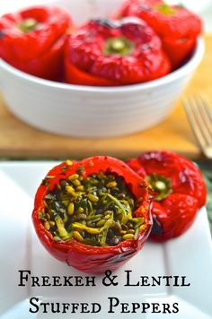 stuffed peppers in a white bowl with text overlay that reads, freeze and lentil stuffed peppers