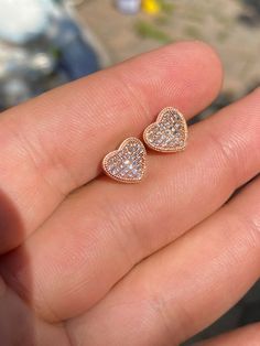 "Amazing stud earrings Solid 925 sterling silver with 14k rose gold plating Stamped 925 for authenticity Wont turn your ears green! 2ct vvs man made diamonds SUPER ICY About 0.35\" (9.5mm) wide perfect large size! Pair weighs around 2.6 grams Screw backs for a secure fit!" Rose Gold Heart-shaped Tarnish Resistant Earrings, Pierced Rose Gold Diamond Earrings In Sterling Silver, Rose Gold Sterling Silver Diamond Earrings, Rose Gold Heart Cut Fine Jewelry Earrings, Sparkling Rose Gold Earrings In Fine Jewelry Style, Rose Gold Heart Cut Earrings, Sparkling Rose Gold Fine Jewelry Earrings, Sparkling Rose Gold Earrings For Anniversary, Anniversary Sparkling Rose Gold Earrings