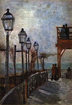 a painting of people standing on a pier next to street lamps and lanterns in the snow