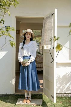 Add a touch of vintage and retro vibe to your outfit. This midi length denim skirt has a button and zip up front, pleats, side pockets, belt loops and elastic back. 24"-34" waist, 30" length Midi Length Denim Skirt, Vintage Skirt Outfit Retro, Denim Blue Cotton Pleated Skirt, Pleated Denim Blue Cotton Skirt, Trendy Full-length Denim Blue Skirt, Vintage Skirt Outfit, Blue Flowy Midi-length Pleated Skirt, Blue Pleated Midi-length Skirt, Denim Midi Skirt Outfit