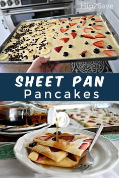 a pan filled with pancakes covered in fruit