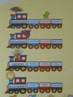 a train themed bulletin board is displayed on the wall