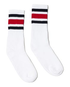 USA-Made Striped Crew Socks - WHITE/ BLACK/ RED - S/M | SOCCO USA-Made Striped Crew Socks in White/Black/Red Size Small/Medium | Cotton/Polyester/Spandex Purple Cases, Logo Watermark, Crew Sock, Black Socks, Striped Socks, Zippered Tote, Friend Outfits, Unisex Accessories, Athletic Socks