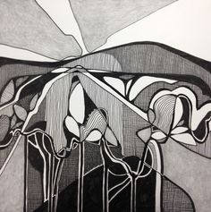 black and white drawing of flowers in a vase on a table with an abstract background