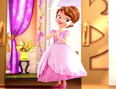 a cartoon character in a pink dress is standing by a door