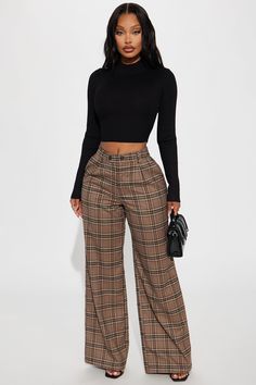 Alaiya Wide Leg Plaid Trouser - Brown/combo | Fashion Nova Brown Plaid Wide Leg Pants Outfit, Brown And Black Plaid Pants, Brown And Tan Plaid Pants, Brown Plaid Pants Outfit, Brown Wide-leg Pants With Multiple Pockets, Brown Plaid Pants, Plaid Pants Outfit, Plaid Trousers, Brown Plaid