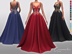 three different colored dresses with gold and blue detailing on them, all in various colors