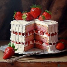 a cake with white frosting and strawberries on top