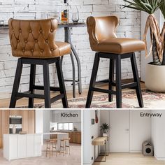 the kitchen bar stools are upholstered with leather and have buttons on them