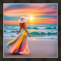 a woman in a colorful dress and hat walks on the beach at sunset with her arms outstretched