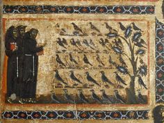 an old painting with birds on it and a man standing next to a tree in the middle