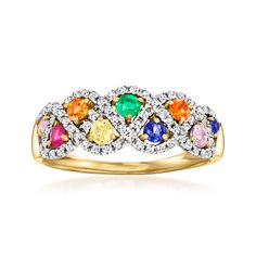 Ross-Simons - .54ct t. w. Multi-Gemstone, .25ct t. w. Diamond Ring in 14kt Yellow Gold. Size 7. Brimming with gemstone color and icy sparkle, our fabulous ring flaunts .54 ct. tot. gem wt. rubies, emeralds and blue, yellow, orange and pink sapphires inside shimmery .25 ct. t. w. round diamond curves. Finely crafted in polished 14kt yellow gold. 1/4" wide. Diamond and multi-gemstone ring. Emerald birthstones are the perfect gift for May birthdays. Yellow Gold Multi-stone Cubic Zirconia Diamond Ring, Dazzling Yellow Gold Multi-stone Diamond Ring, Yellow Gold Multi-stone Gemstones, Yellow Gold Multi-stone Gemstones Round Cut, Fine Jewelry Multi-stone Round Cut Diamond Ring, Multicolor Diamond Ring With Accents For Anniversary, May Birthdays, Family Ring, Emerald Birthstone