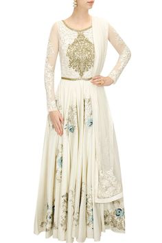 This anarkali is in ivory colour with floral embroidery with contrast blue and navy embroidery on pleats. It has white and gold floral applique work embellished Off White Anarkali Gown With Dupatta, Designer Cream Floor-length Salwar Kameez, Designer Floor-length Cream Salwar Kameez, White Anarkali Set With Sheer Dupatta, Traditional Off White Designer Gown, White Floor-length Anarkali Set With Resham Embroidery, Traditional Off White Gown For Designer Wear, Traditional Off-white Designer Gown, Traditional Off-white Gown For Designer Wear