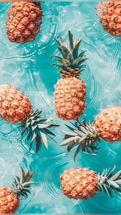 several pineapples floating in a pool of water