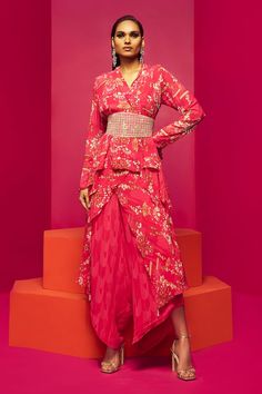 Pink kurta with chandelier print and sequin, cutdana, crystal drops embroidery. Paired with geometric print dhoti pant and checkered embroidered belt. - Aza Fashions V Layers, Layered Kurta, Pink Kurta, Tulip Painting, Dhoti Pants, Embroidered Belt, Fashion App, Pant Set, Set For Women