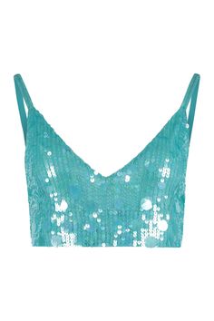 Elasticated bottom edge10% elastane, 100% pvc, 90% polyamideComposition: 10% % Elastane, 100% % Pvc, 90% % Polyamide | Parosh Women's Sequin Top in Turquoise | SS23 Blue Sequin Top, Solo Costume Ideas, Disco Diva, Mermaid Top, Laguna Blue, Club Clothes, Solo Costume, Sequined Top, Sparkle Top