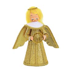 a gold angel doll with blonde hair and blue eyes is standing in front of a white background