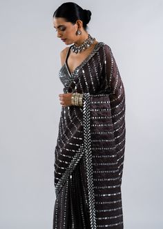 Pre-draped heavily embellished real hand cut mirror work sari with metallic blouse. Saree Satin, Vani Vats, Mirror Work Saree, Draped Saree, Grey Saree, Organza Blouse, Metallic Blouses, Drape Saree, Sequin Blouse