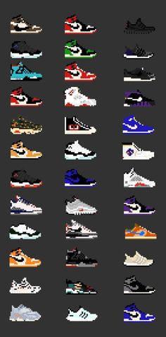 an image of different sneakers on a black background, all in different colors and sizes