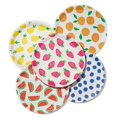 four paper plates with different designs on them