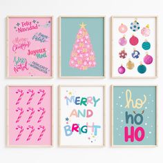 four framed christmas cards in pink, blue and green with the words merry and bright on them