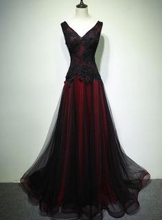 Gorgeous Black And Red V-Neckline Tulle Beaded Prom Dress, Long Evening Gown,PD22289 on Storenvy Solstice Wedding, Rp Outfits, Victorian Ball, Fantasy Clothes, Prom Inspo, Prom Dress Long, Dream Fashion, Color Rush, Chique Outfits