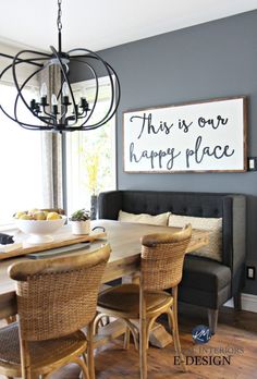 a dining room table with chairs and a sign on the wall that says, this is our happy place