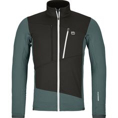 a black and green jacket with zippers on the front, in grey and teal colors