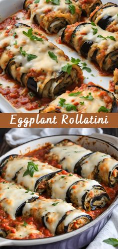 eggplant rollatini in a casserole dish with cheese and sauce