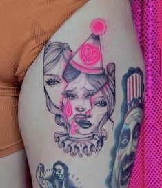 Fool For You Tattoo, The Fool Tarot Tattoo Design, Creepy Girly Tattoos, Neon Pink Tattoo, Girl Clown Tattoo, Female Clown Tattoo, Neon Tattoo Ideas, Pink And Black Tattoo, Vice Tattoo