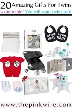 some baby items are on display with the words 20 amazing gifts for twins so adorable you will want twins too