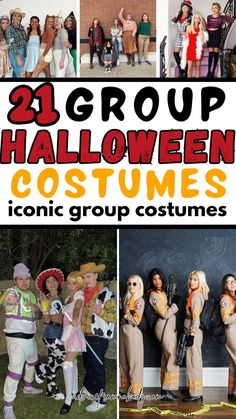 halloween costumes for adults and children with text overlay that reads, 21 group halloween costumes