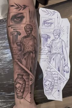 a person with a tattoo on their leg and some drawings behind them, next to a piece of paper