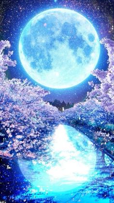 an image of a full moon in the sky over water with trees and flowers around it