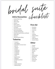 the bridal suite checklist for brides is shown in black ink on white paper