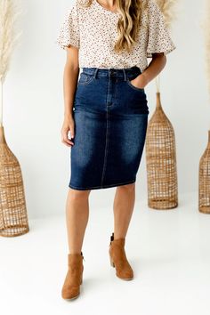 Trends come and go but denim remains a wardrobe staple! Crafted from a comfortable stretch denim in a timeless wash, the Wren will be your new go to skirt! The details include a traditional button and fly closure and functional pockets. And the very best part - this modest denim skirt comes in three lengths for you to choose from! Exclusively designed by us for you. 95% Cotton 5% Spandex Wash Cold Gentle Cycle Hang to Dry Low Iron if Needed Model A Height 5'5" | Wearing Size 2 - 23" Length Model Dark Wash Mid-rise Denim Skirt, Medium Wash Denim Skirt For Fall, Fall Medium Wash Denim Skirt, Dark Wash Denim Skirt For Fall Workwear, Mid-rise Dark Wash Denim Skirt, Dark Wash Denim Skirt For Work, Dark Wash Mid-rise Denim Skirt For Work, Modest Denim Skirts, Come And Go