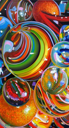 an abstract painting with many different colors and shapes in the center, including glass balls